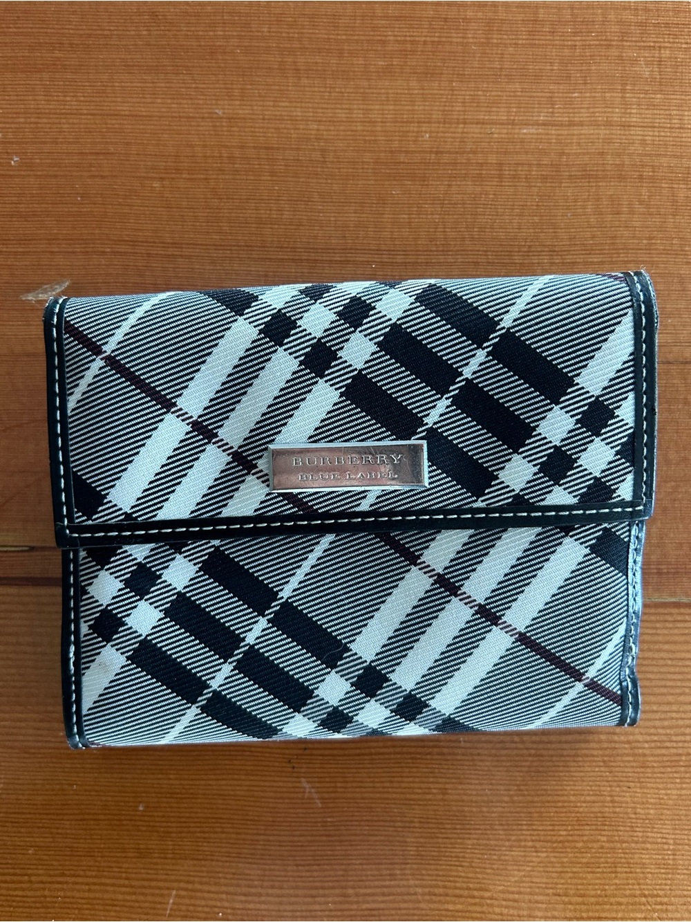 Burberry Black & White Check Fold Wallet with Metal Plaque